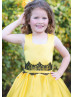 Square Neck Sleeveless Yellow Satin Lace Trim Flower Girl Dress